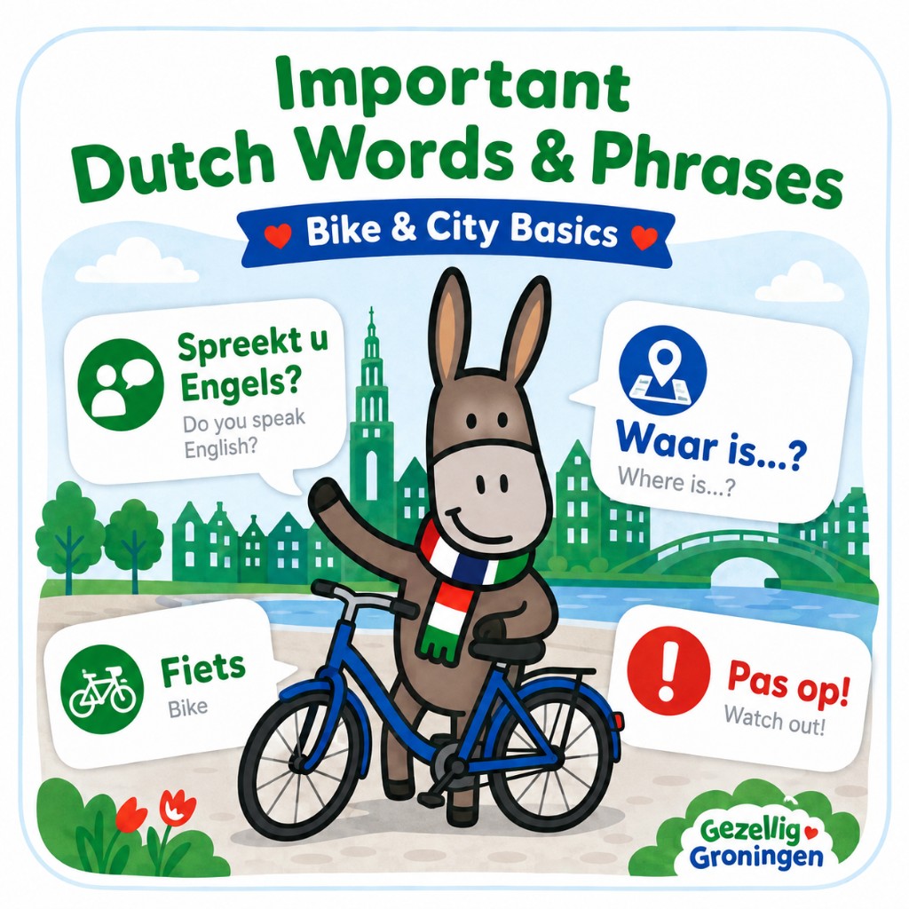 Gezellie the donkey with bike and city phrases