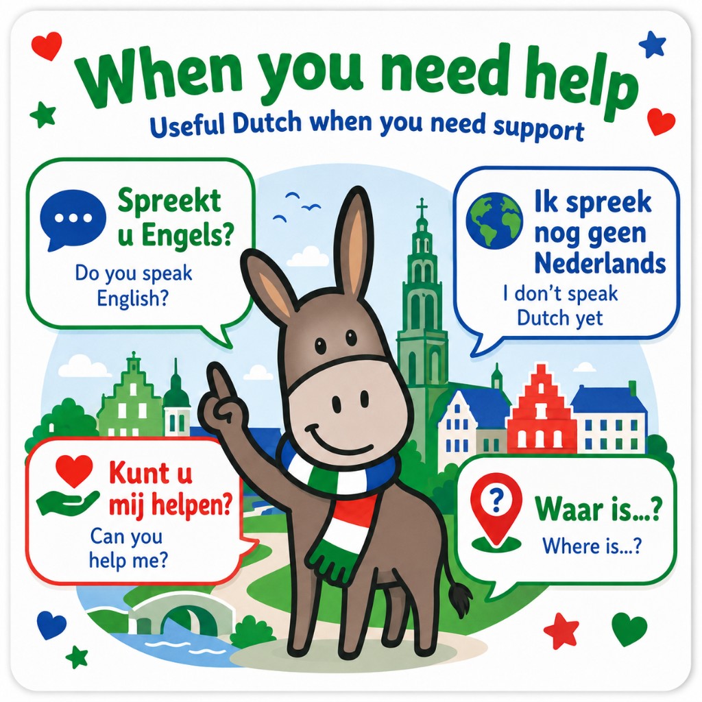 Gezellie the donkey with help phrases: Spreekt u Engels?, Kunt u mij helpen?, Waar is...?