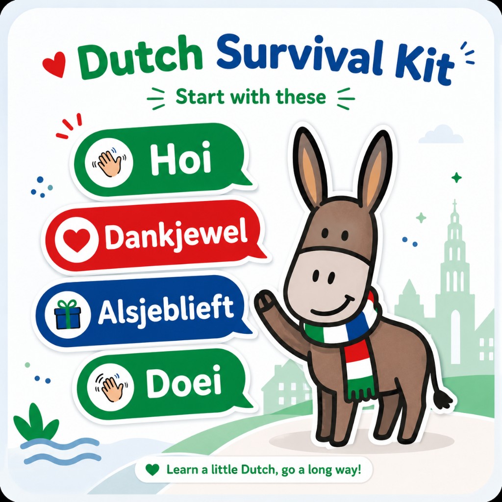 Gezellie the donkey with starter Dutch phrases: Hoi, Dankjewel, Alsjeblieft, Doei