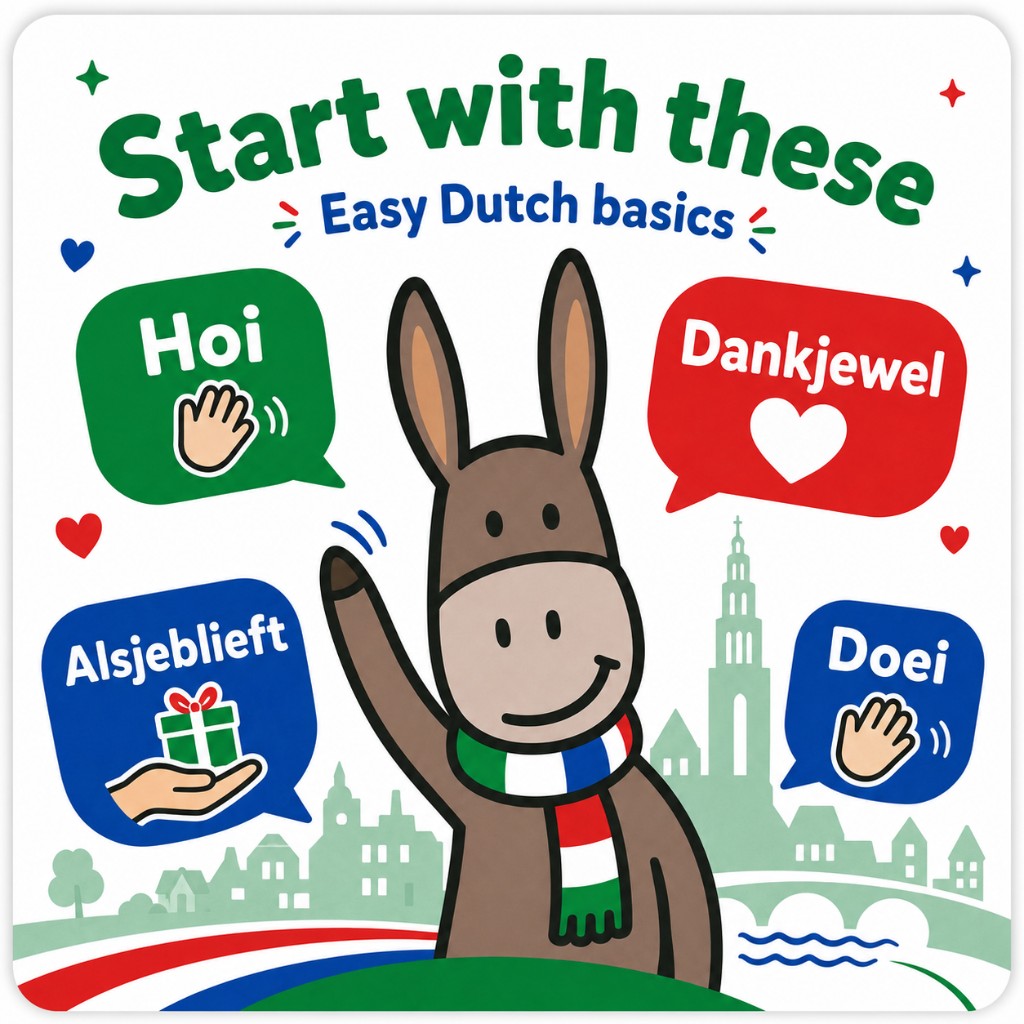 Gezellie the donkey waving with starter phrases: Hoi, Dankjewel, Alsjeblieft, Doei