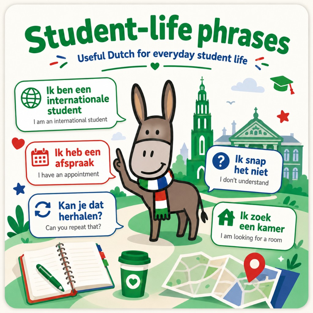 Gezellie the donkey with student-life phrases: Ik ben een internationale student, Ik heb een afspraak, Ik zoek een kamer